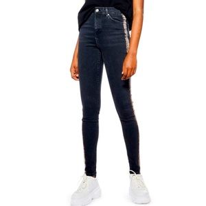 Topshop Moto Jamie Black Leopard Side Stripe High Waist Jeans Size 28